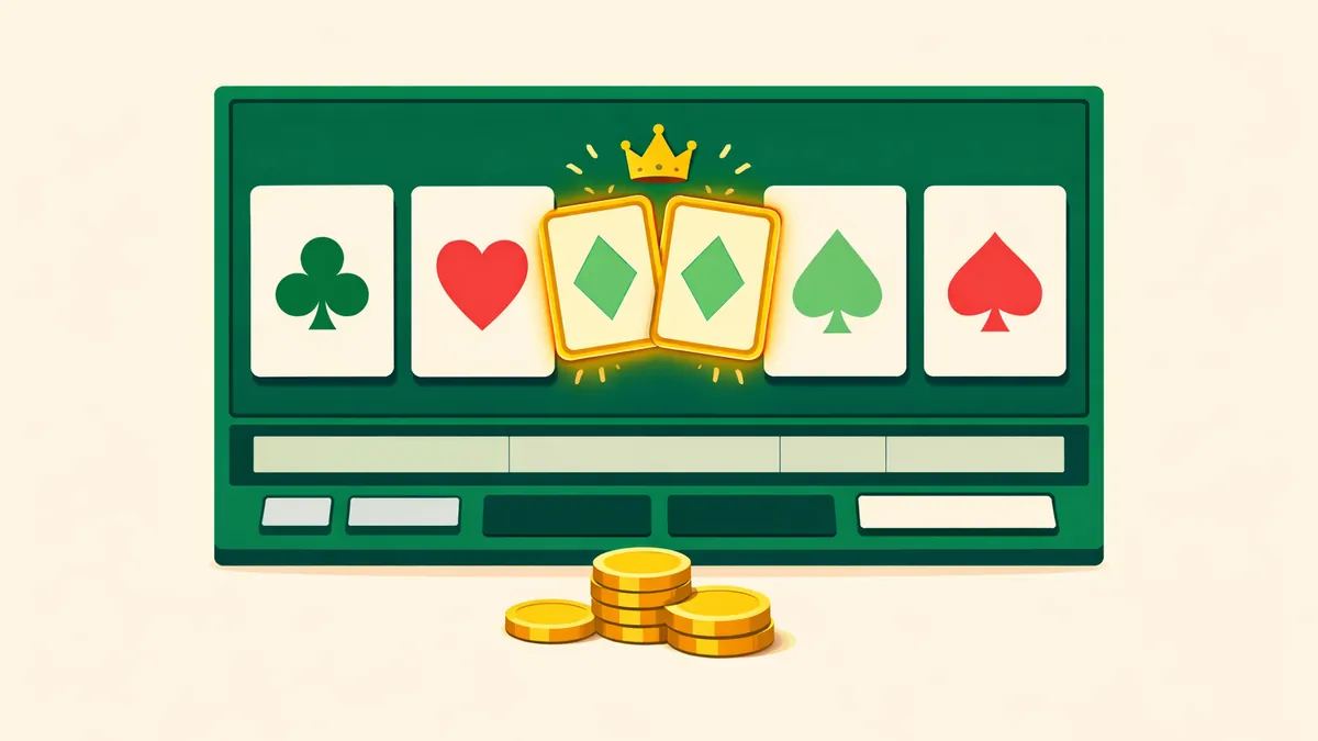 Video poker screen with a glowing pair under a gold crown, illustrating jacks or better strategy and pay tables