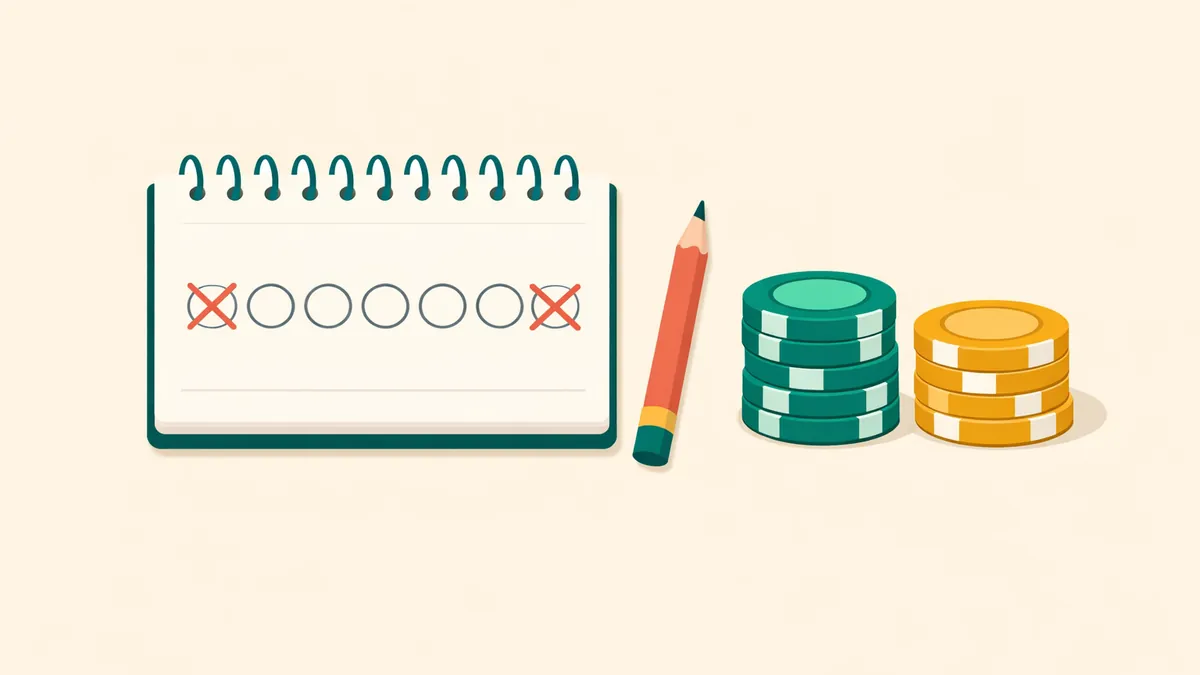 Notepad with a row of circles, first and last crossed out, beside chips, explaining the Labouchere system