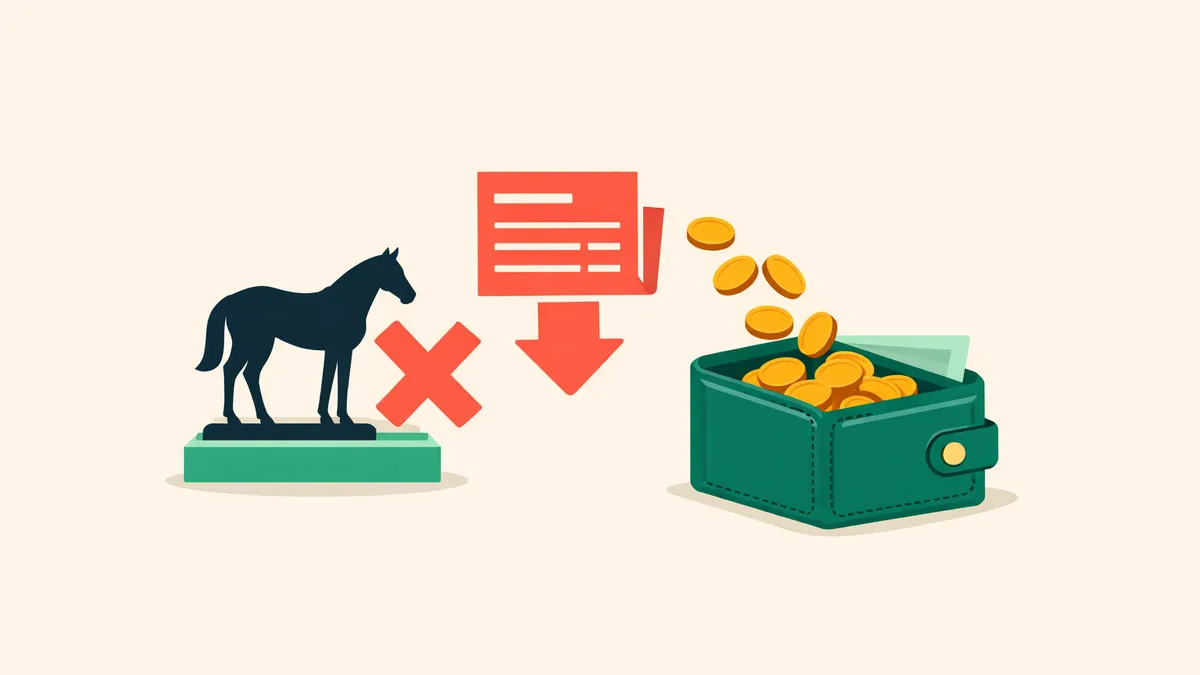 Racehorse with a cross beside a lay slip and coins flowing into a wallet, explaining lay betting