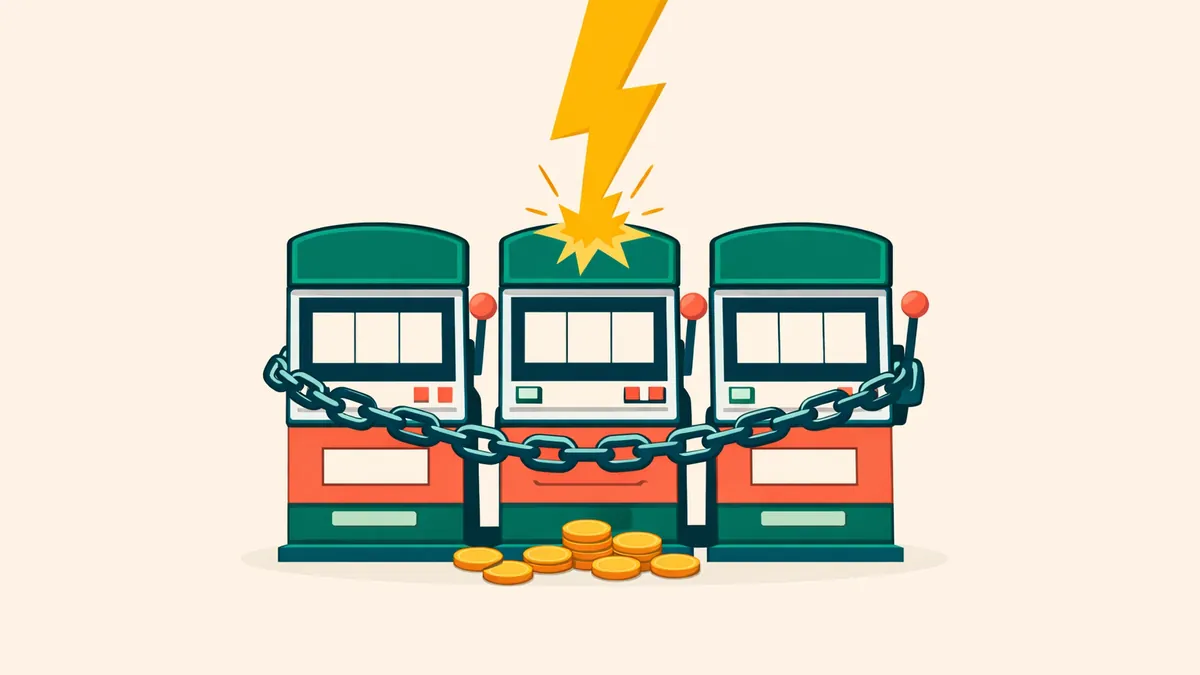 Lightning bolt striking three pokie cabinets chained together, illustrating the linked jackpot in Lightning Link pokies