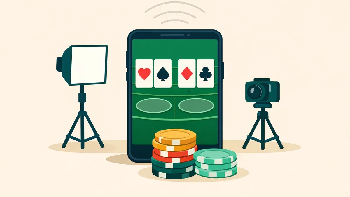 Phone showing a baccarat table between a studio light and camera, illustrating our live baccarat guide