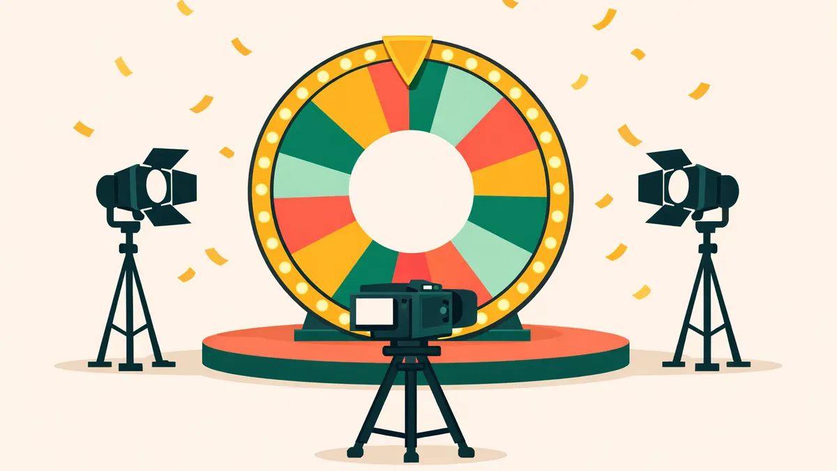 Empty studio stage with a glowing prize wheel, spotlights and a camera, illustrating live casino game shows