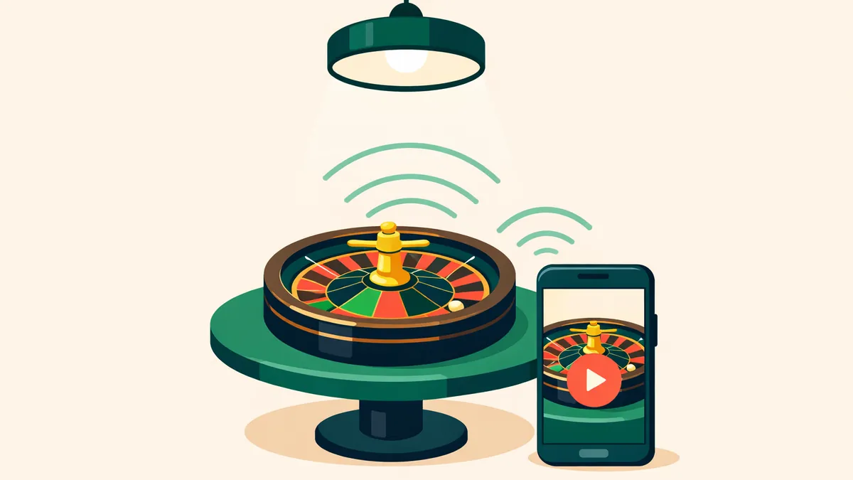 Roulette wheel under a studio light streaming to a phone screen, illustrating our live roulette guide