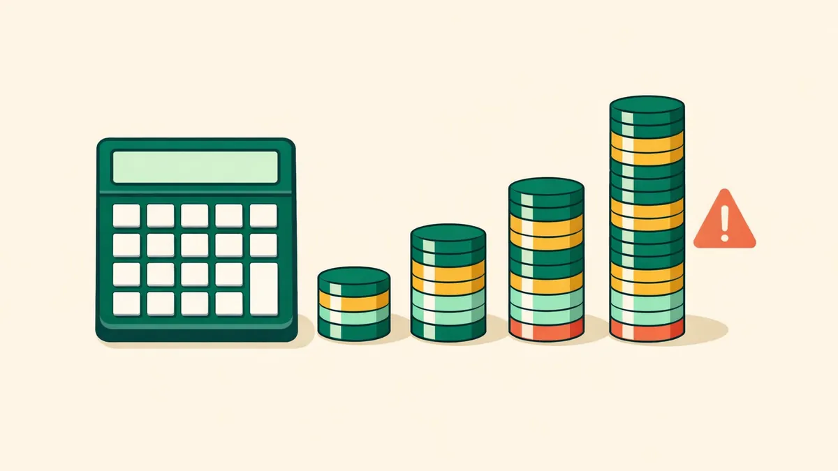 Calculator beside doubling chip stacks and a warning sign, illustrating our martingale calculator