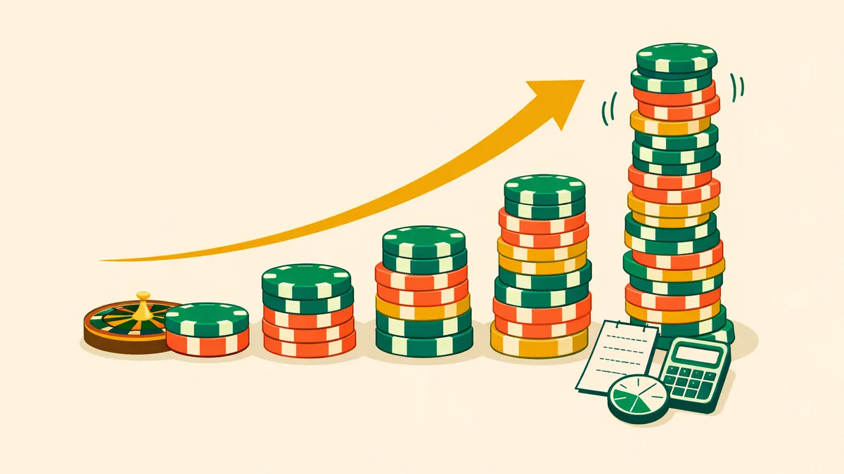 Chip stacks doubling in height beside a roulette wheel and rising arrow, explaining the martingale system