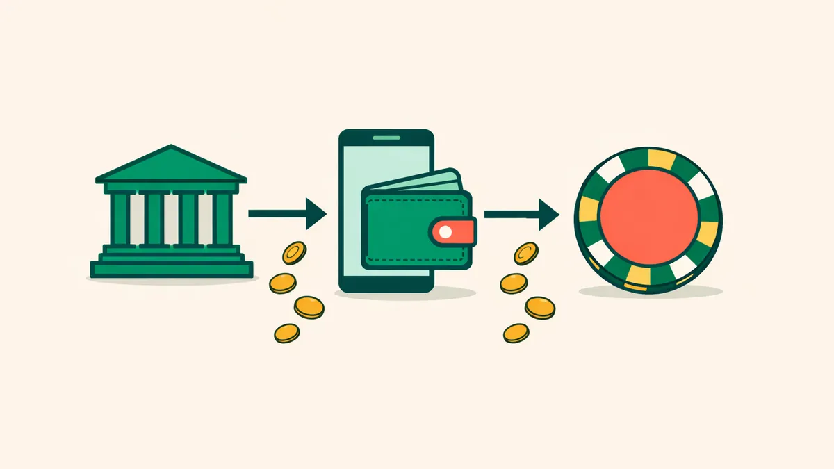 Bank, eWallet and casino chip linked by arrows with small coins falling off as fees, illustrating MiFinity casino payments