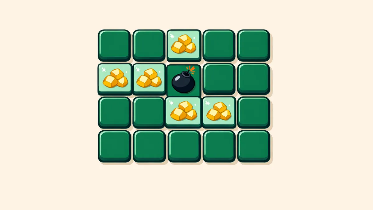Grid of tiles with some flipped to gold gems and one to a bomb, illustrating how the mines casino game works