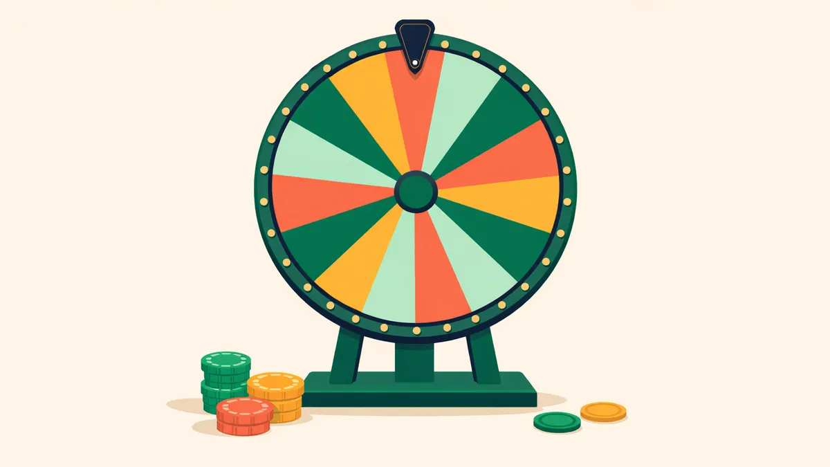 Upright money wheel with coloured segments and a flapper pointer, illustrating the money wheel casino game