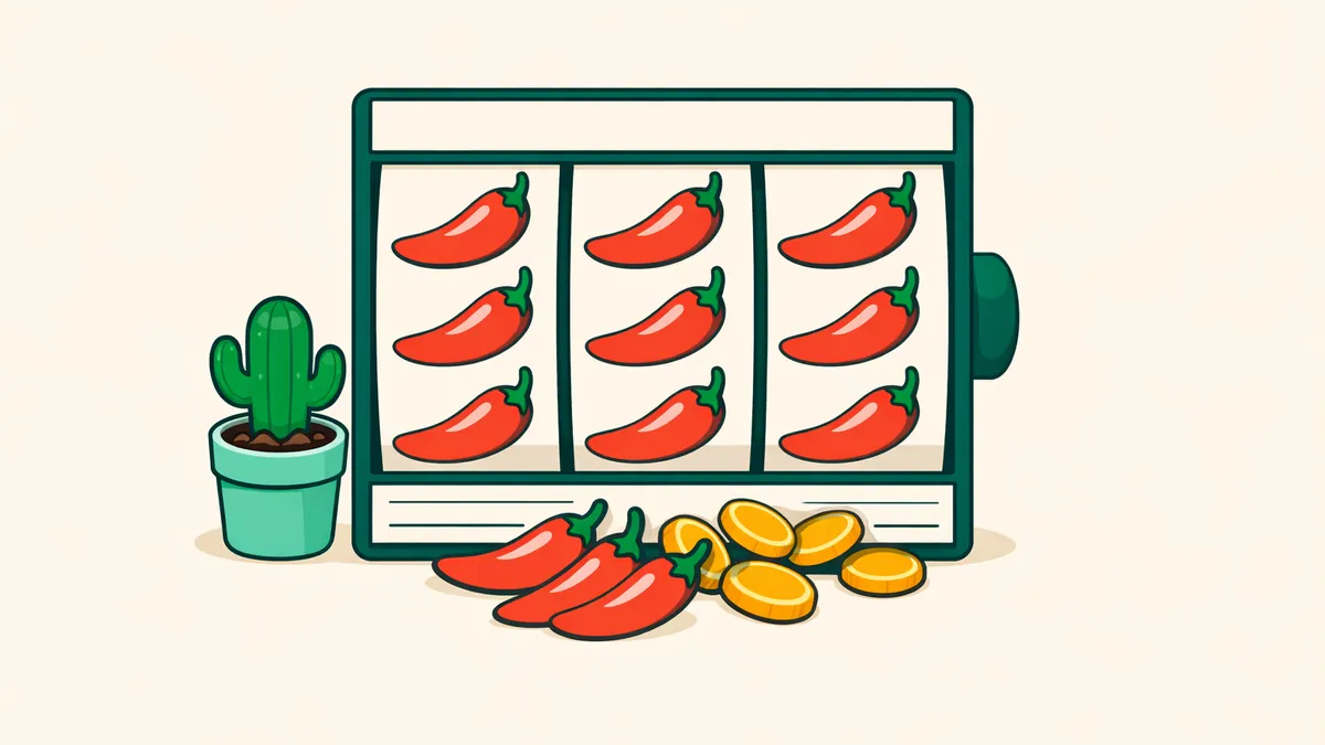 Pokie reels full of red chillies beside a cactus with coins spilling out, illustrating our More Chilli guide