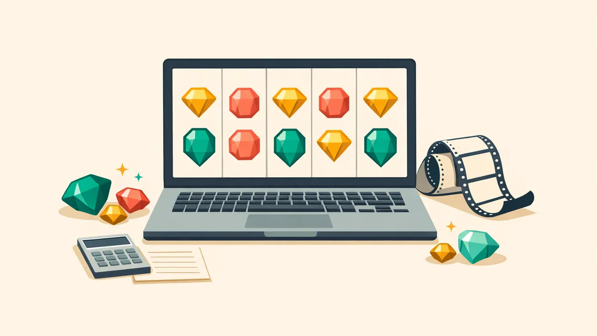 Laptop with gem filled pokie reels, loose gems and a reel strip, illustrating our NetEnt pokies guide