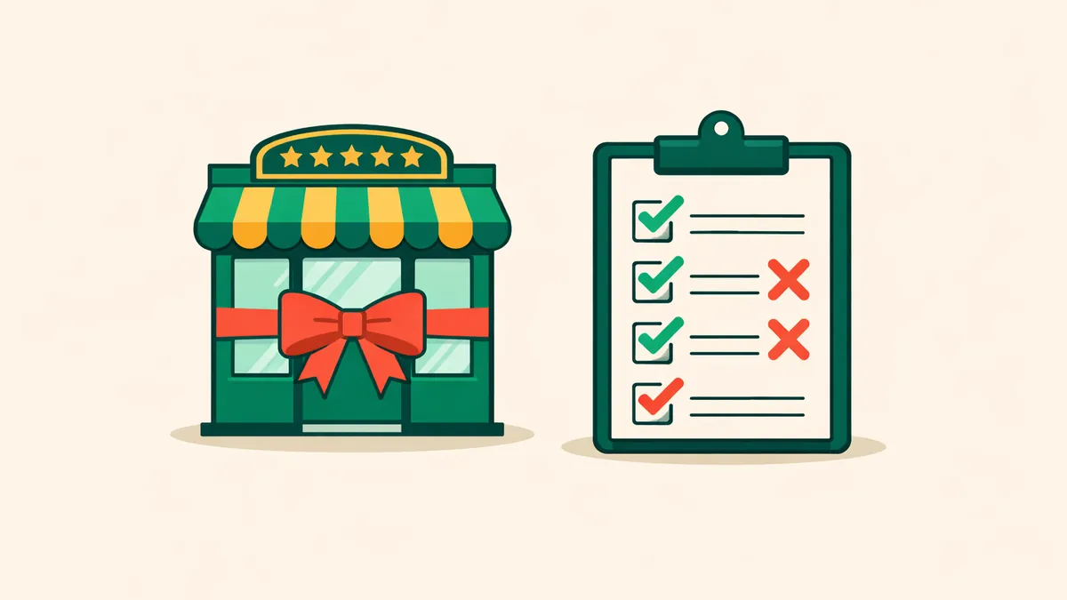 Shop front with an opening ribbon beside a checklist of ticks and crosses, for checking a new online casino