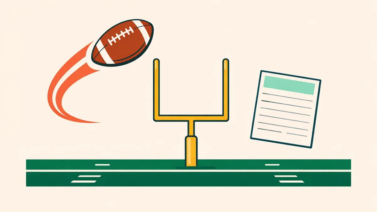 American football spiralling toward a goalpost above the field with a bet slip, illustrating NFL betting