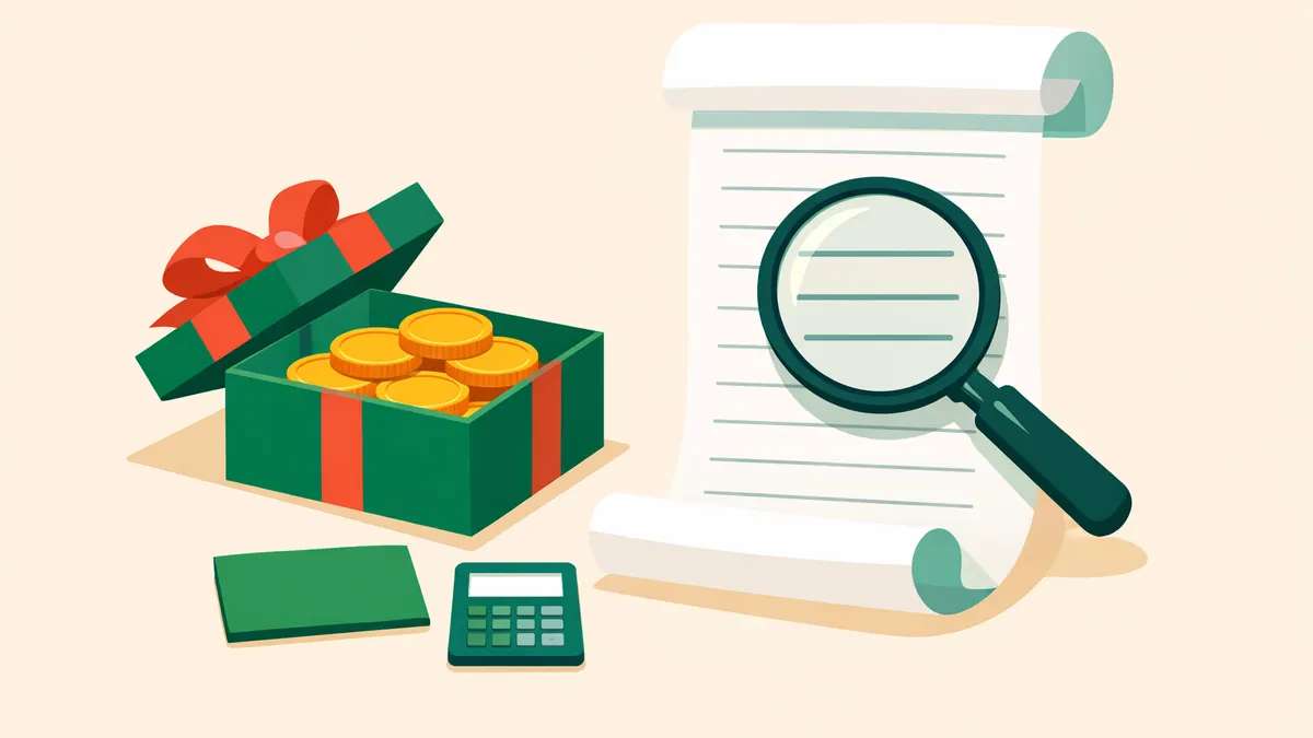 Open gift box of coins with a magnifying glass over the terms, a reminder to read a no deposit bonus before claiming