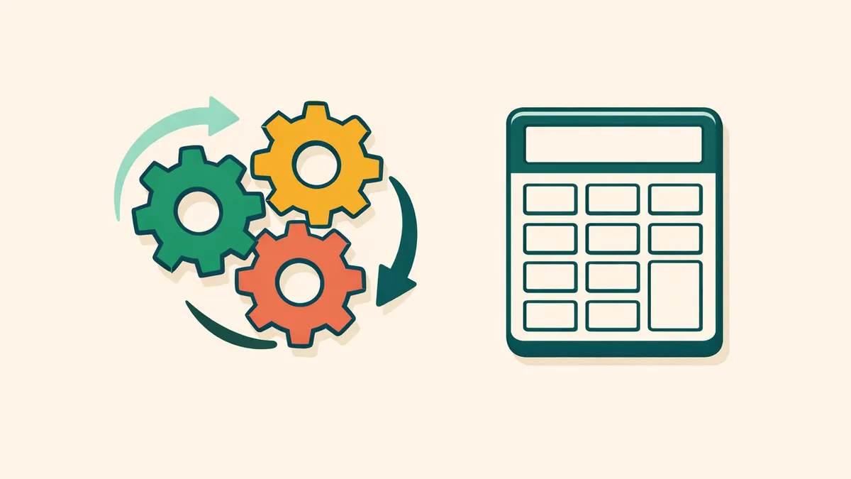 Three interlocking gears with two-way arrows beside a calculator, illustrating an odds converter between formats