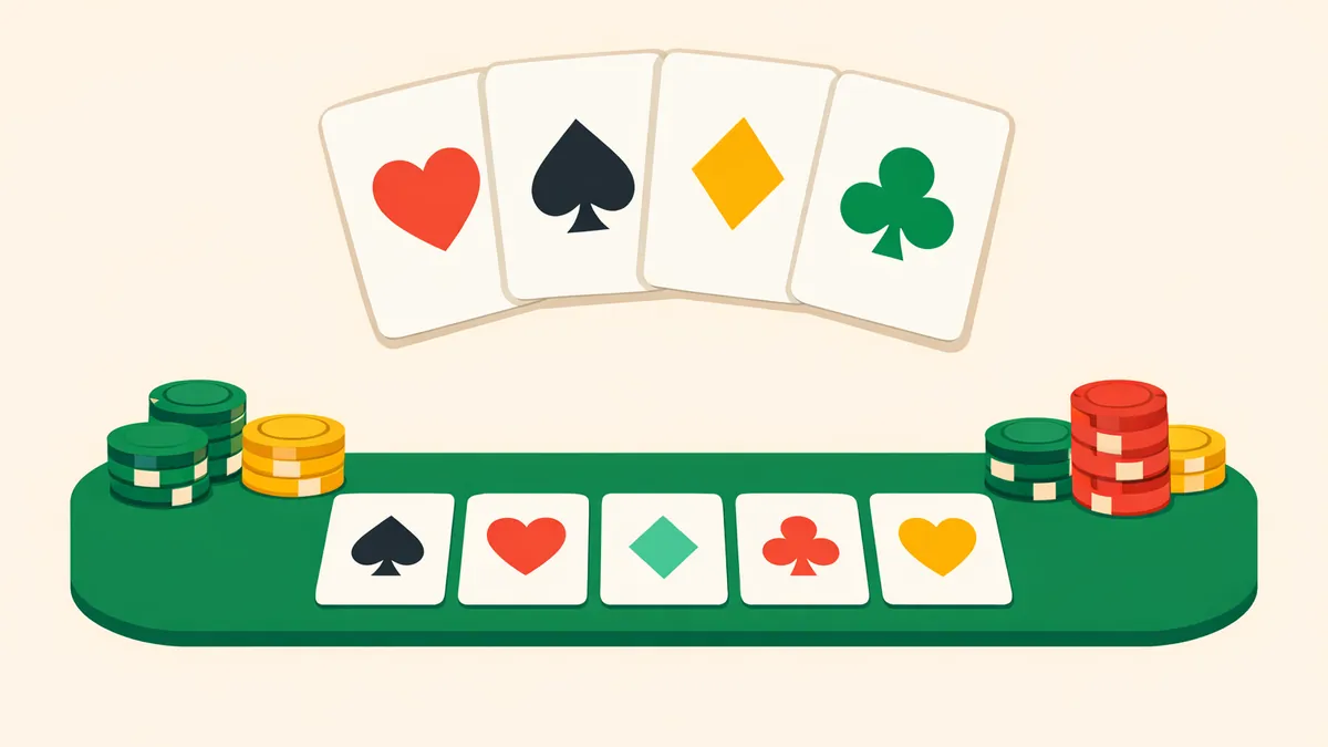 Four hole cards above five community cards on felt, illustrating how Omaha poker differs from hold'em