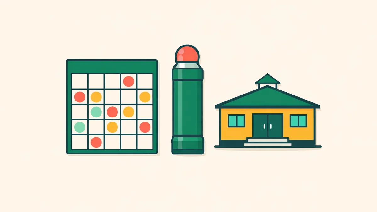 Bingo card with dabbed squares, a dauber pen and a community hall, illustrating the rules on online bingo in Australia