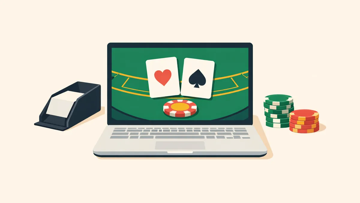 Laptop showing a blackjack table with two cards beside a dealing shoe and chips, illustrating our online blackjack guide