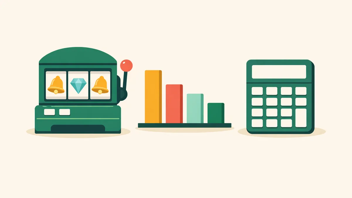 Pokie machine beside a bar chart and a calculator, representing our maths-first guide to online casinos in Australia