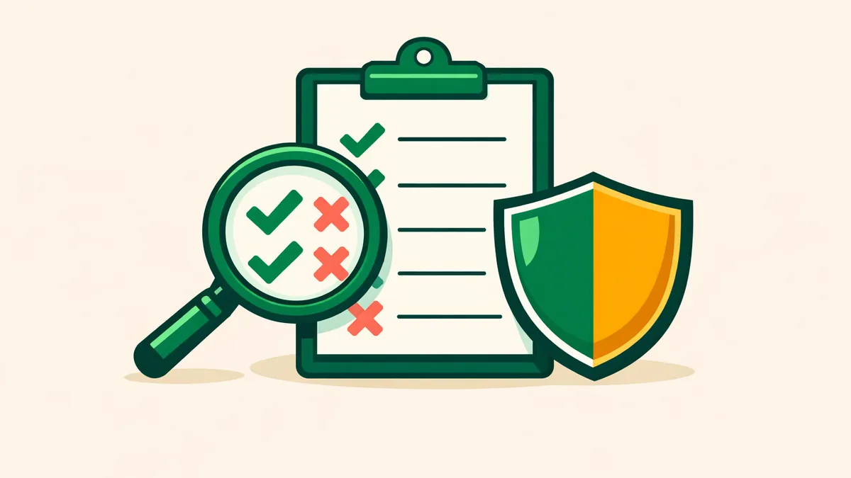 Magnifying glass over a checklist of ticks and crosses beside a shield, illustrating how our casino reviews are scored