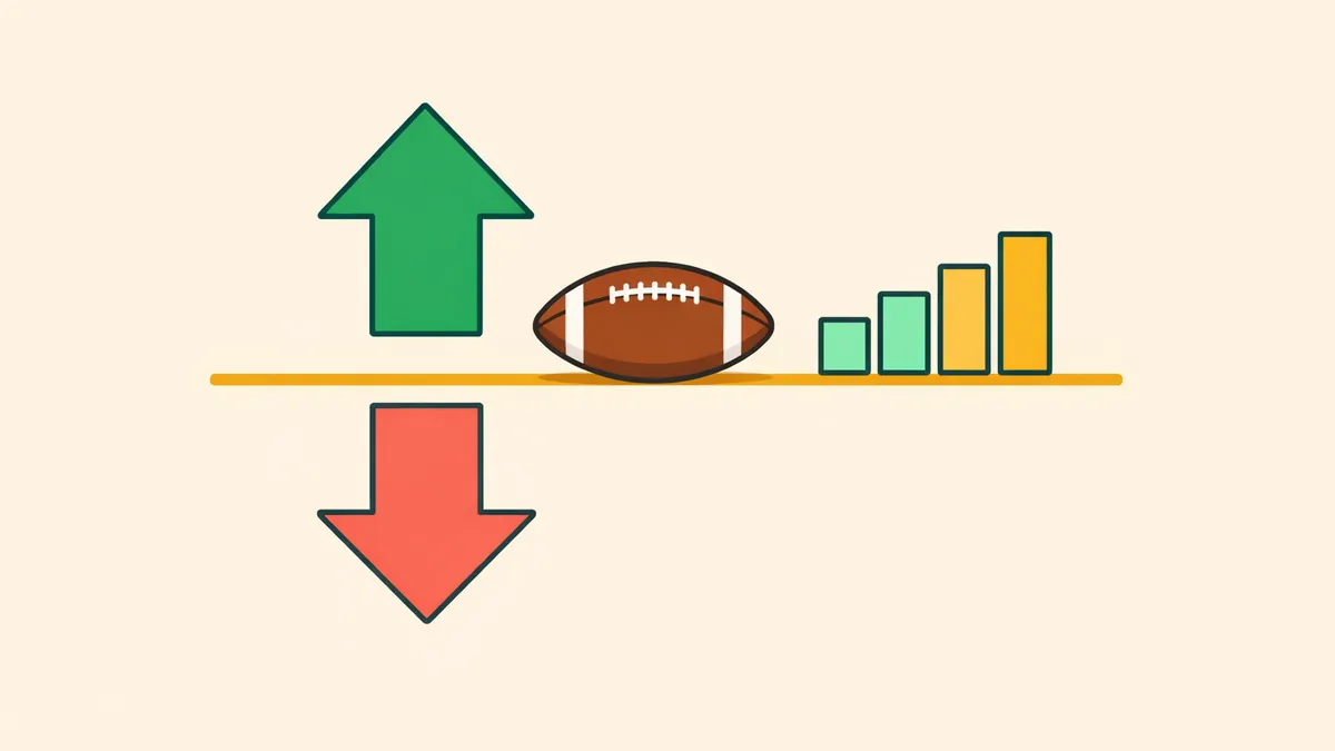 Ball on a gold line with an up arrow above and a down arrow below, explaining over under totals betting