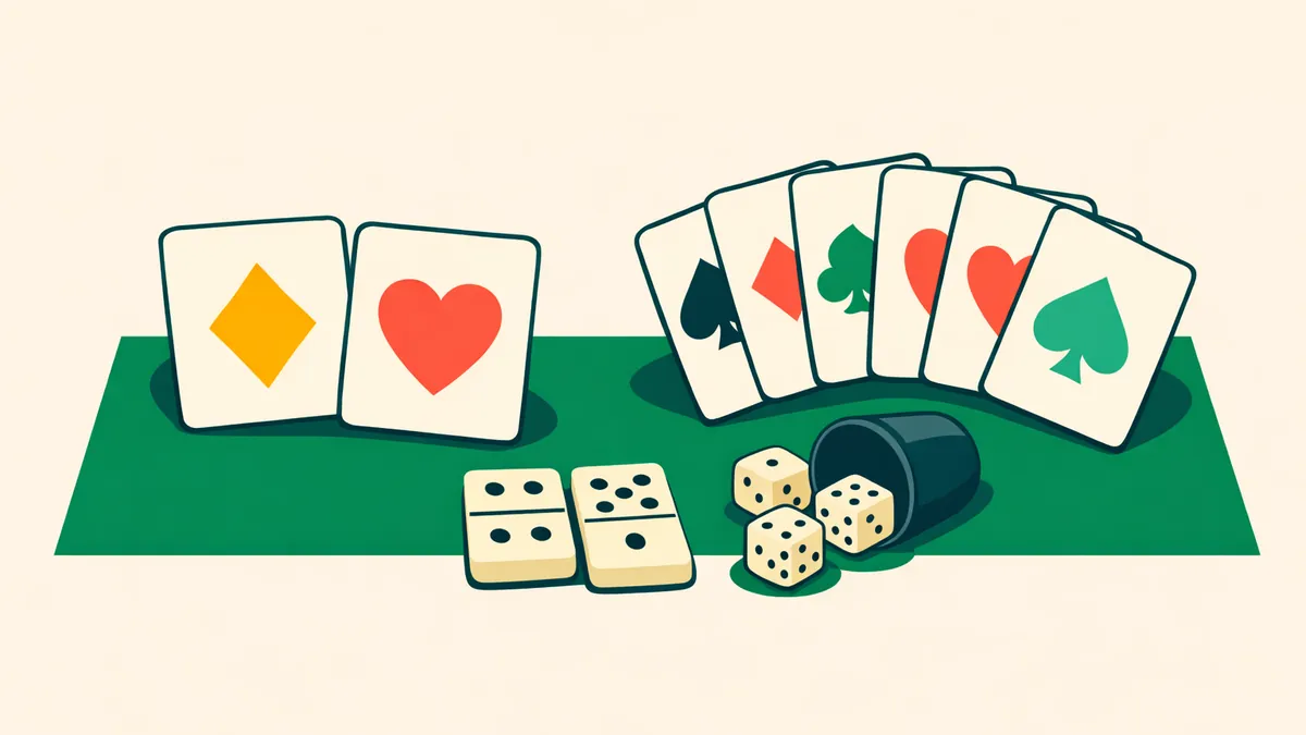 Seven cards split into a two card and five card hand beside domino tiles, illustrating pai gow poker