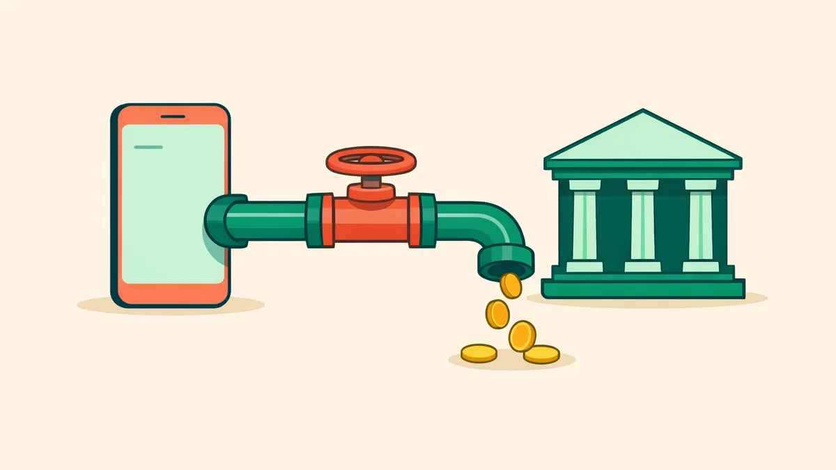 Phone piped to a bank with a valve cutting the flow to a trickle of coins, illustrating a PayID limit set by your bank