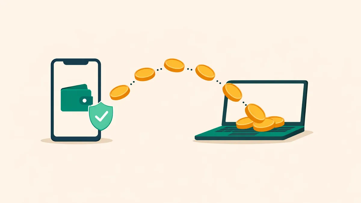 Phone e-wallet with a shield sending coins to a laptop, illustrating our guide to PayPal casino payments