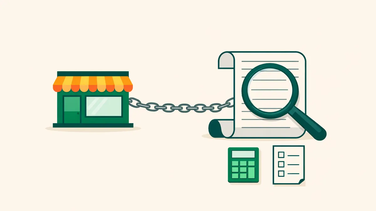 Shop front chained to a long scroll under a magnifying glass, for checking the terms of each PokiePundit partner site