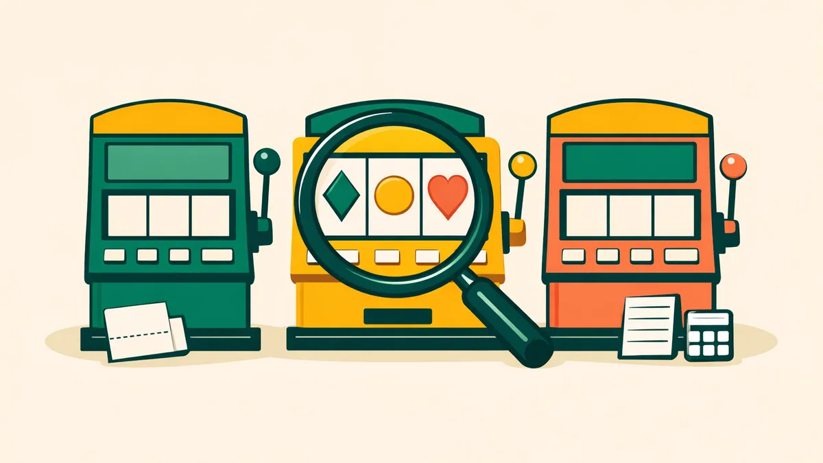 Three pokie machines with a magnifying glass over the middle reels, illustrating our pokies guide