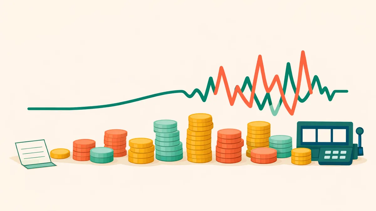 Line chart that runs calm, then spikes sharply above small coin stacks, showing low and high pokies volatility