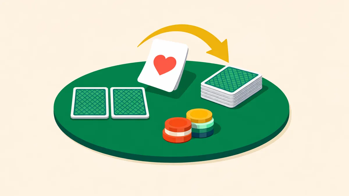Two face down cards on felt with a third card twisted from the deck, illustrating how to play pontoon