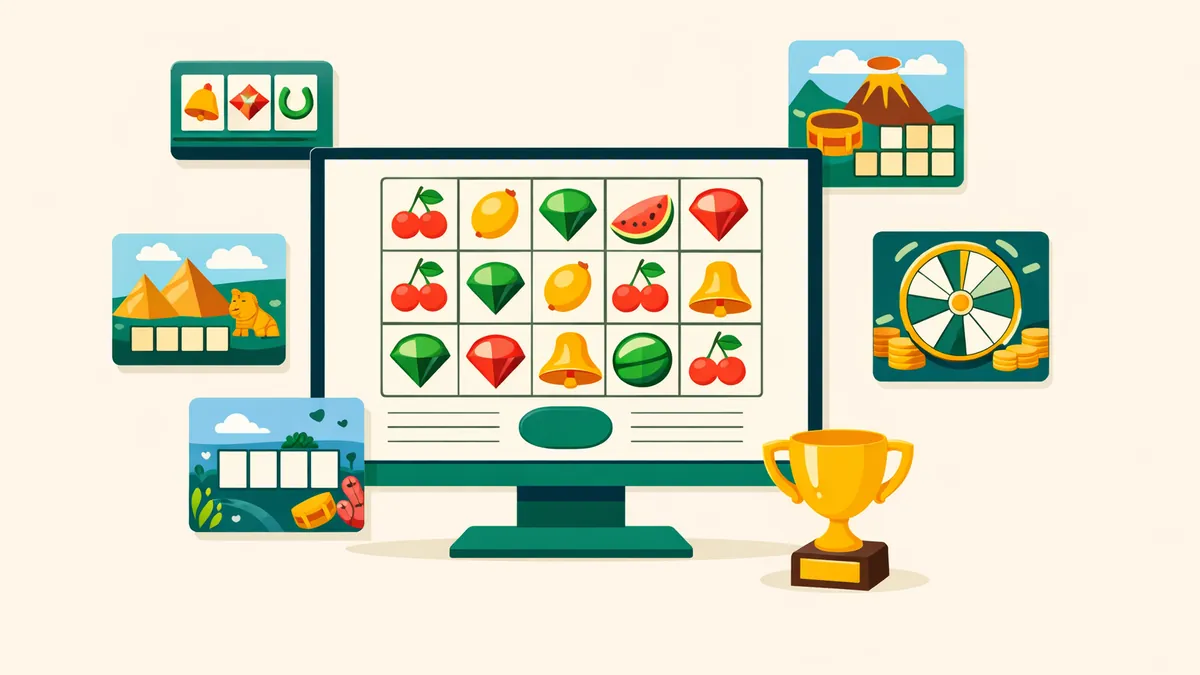 Monitor showing a fruit and gem pokie surrounded by game tiles and a trophy, illustrating our Pragmatic Play guide