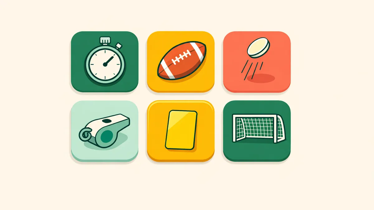 Grid of tiles with a stopwatch, ball, coin toss, whistle, card and goal, illustrating prop bets