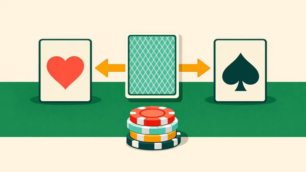 Two face up cards with arrows spanning the gap to a face down card, explaining the spread in red dog