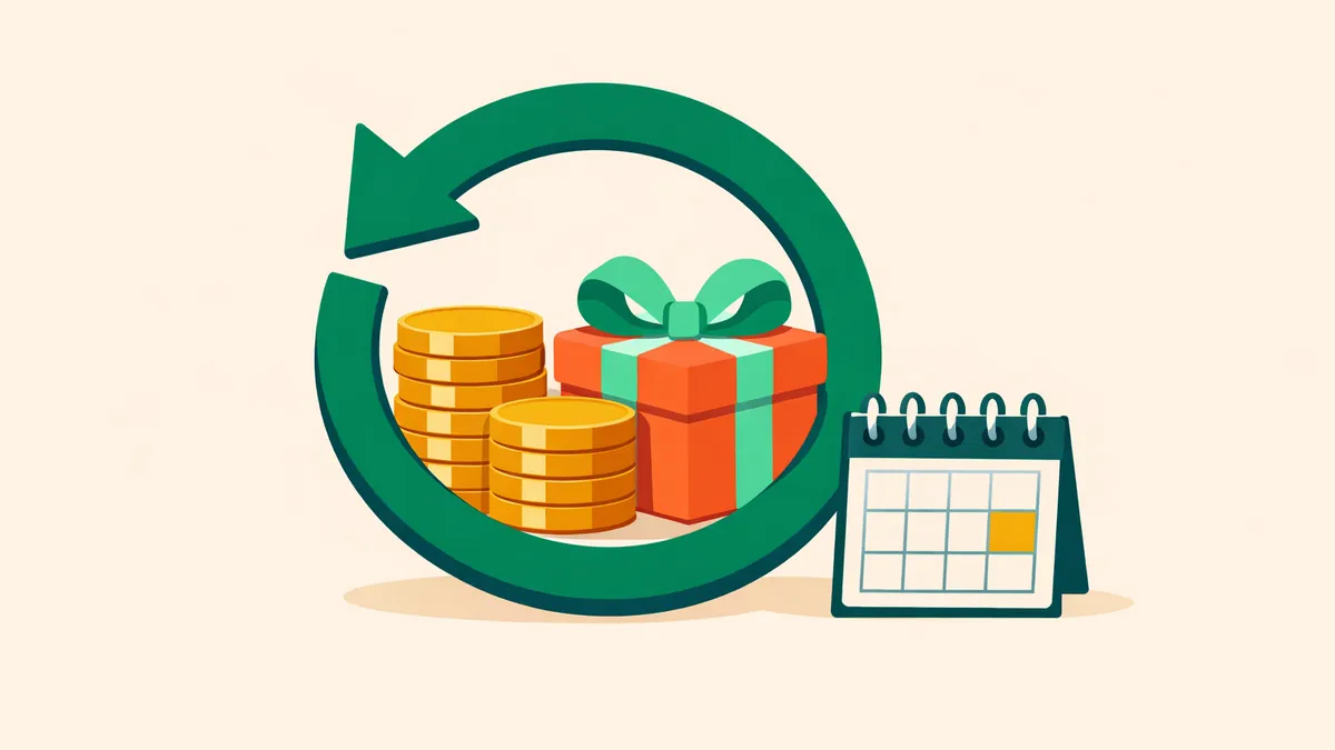 Refresh arrow looping around coins and a gift box beside a calendar, explaining casino reload bonuses