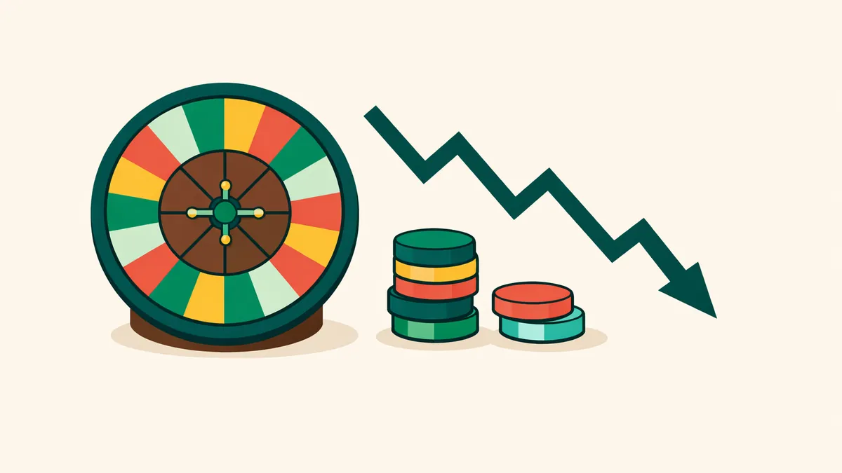 Roulette wheel beside a zigzag line chart trending down to a smaller chip stack: no roulette strategy beats the house edge