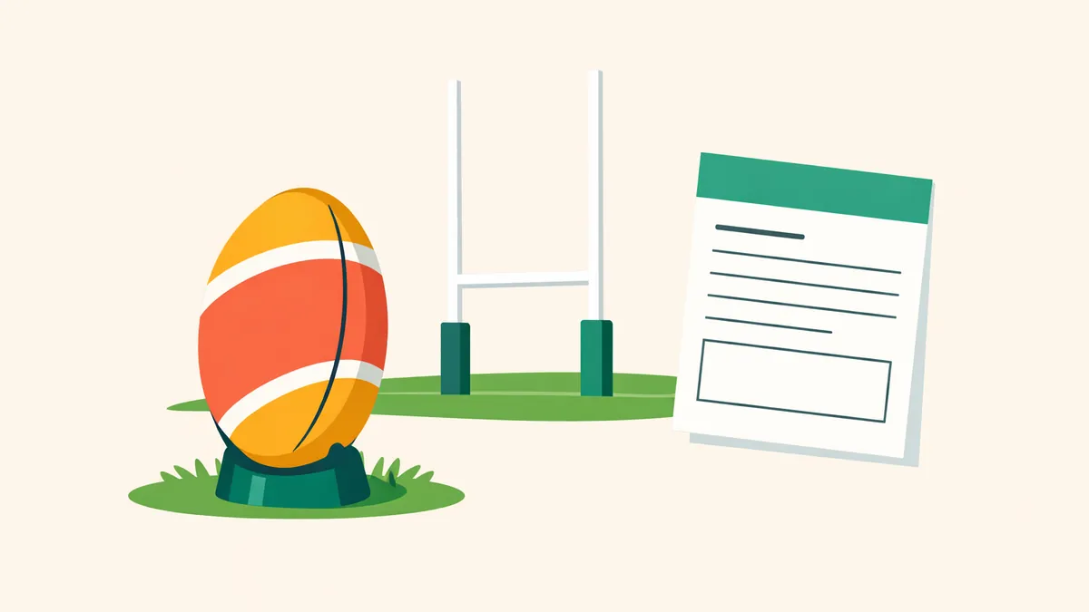Rugby ball on a kicking tee in front of H shaped goalposts with a bet slip, illustrating rugby union betting