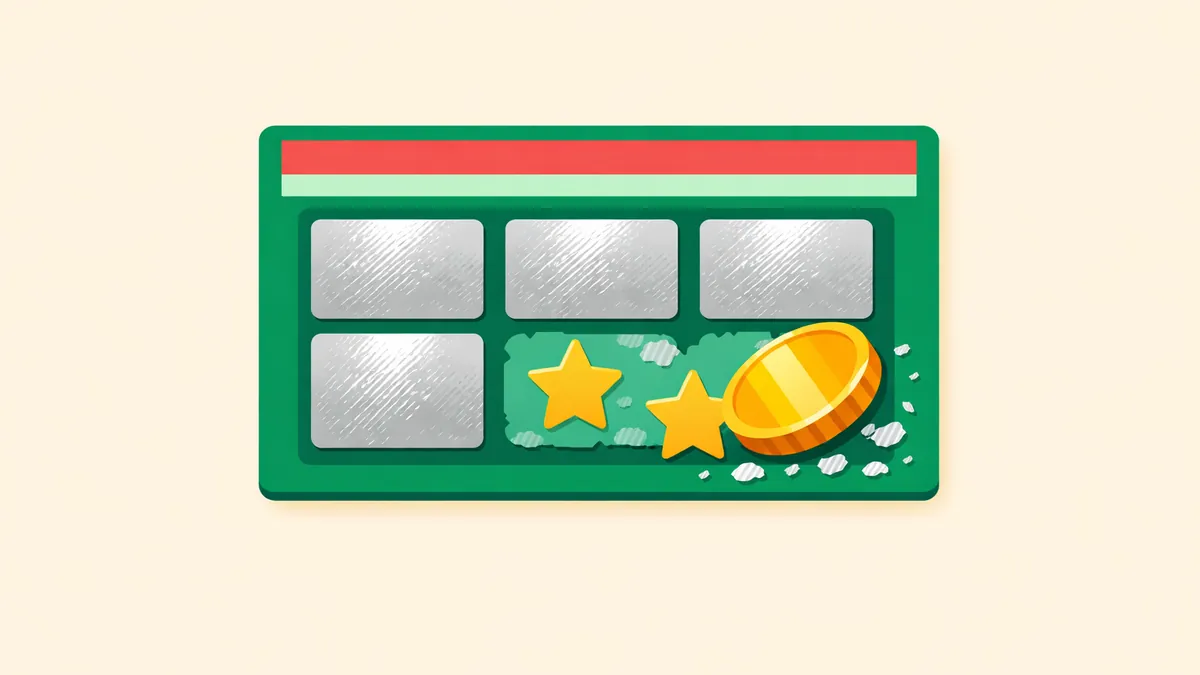 Scratchie card with foil panels scratched to reveal gold stars and a coin, illustrating online scratch cards