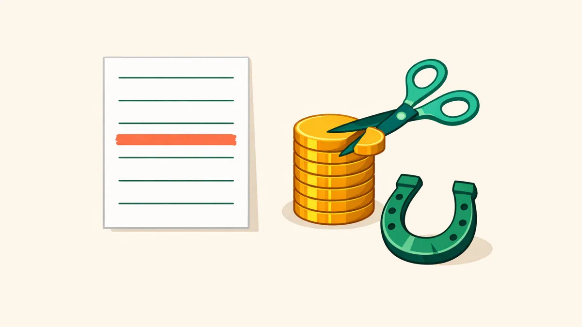 Race card with one runner struck out beside coins trimmed by scissors, explaining scratching deductions