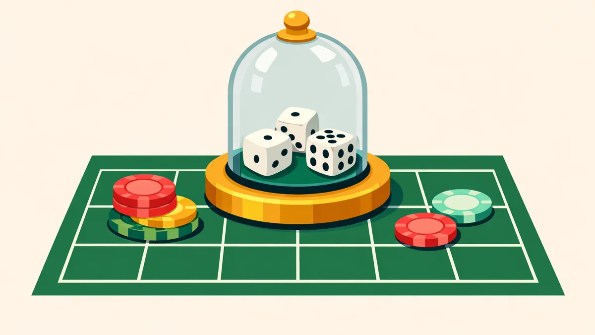 Three dice inside a glass dome shaker on a sic bo betting grid with chips, illustrating the dice game sic bo