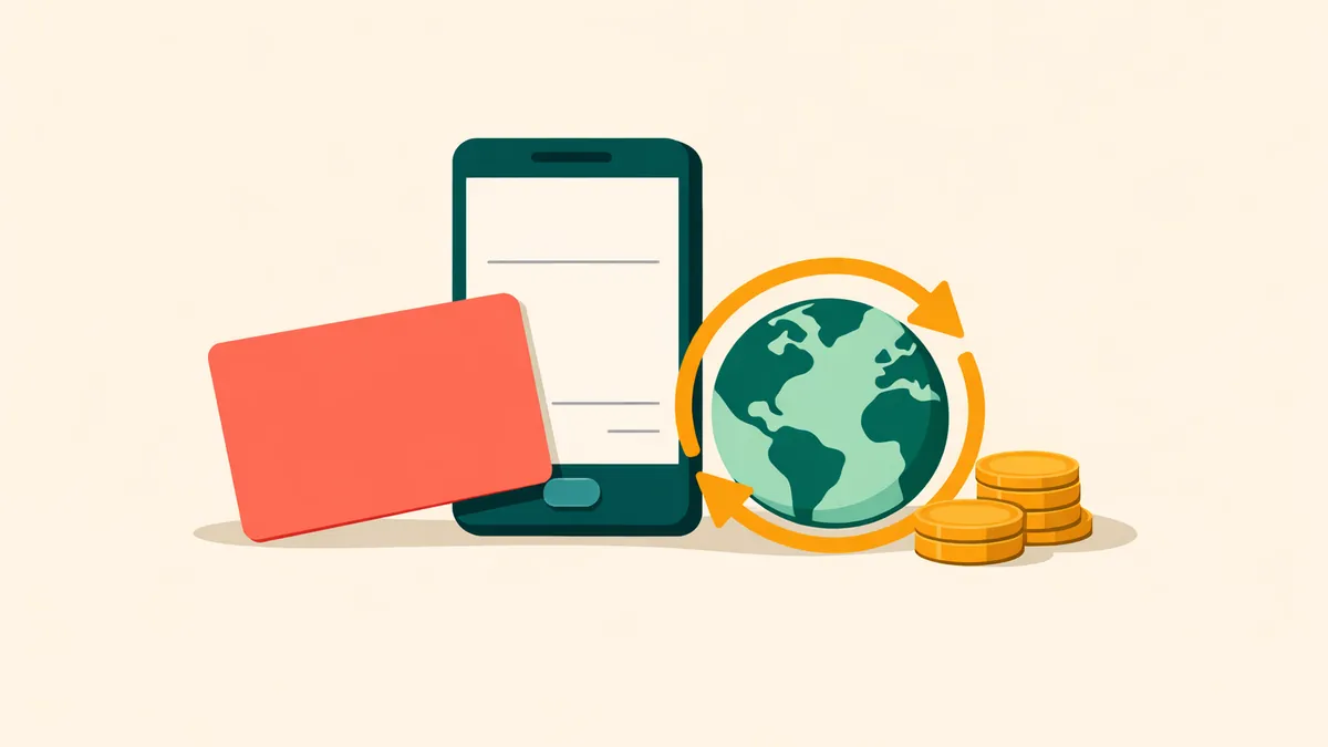 Wallet card and phone with transfer arrows around a globe and coins, illustrating Skrill casino payments