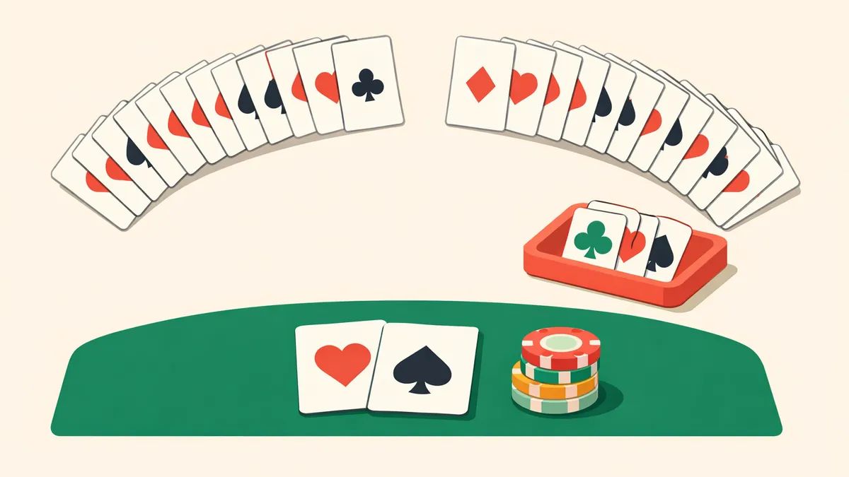 Fanned deck with cards removed into a tray beside a blackjack hand, explaining Spanish 21 and its short deck