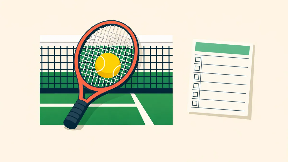 Tennis racquet and ball in front of a court net beside a bet slip, illustrating our tennis betting guide