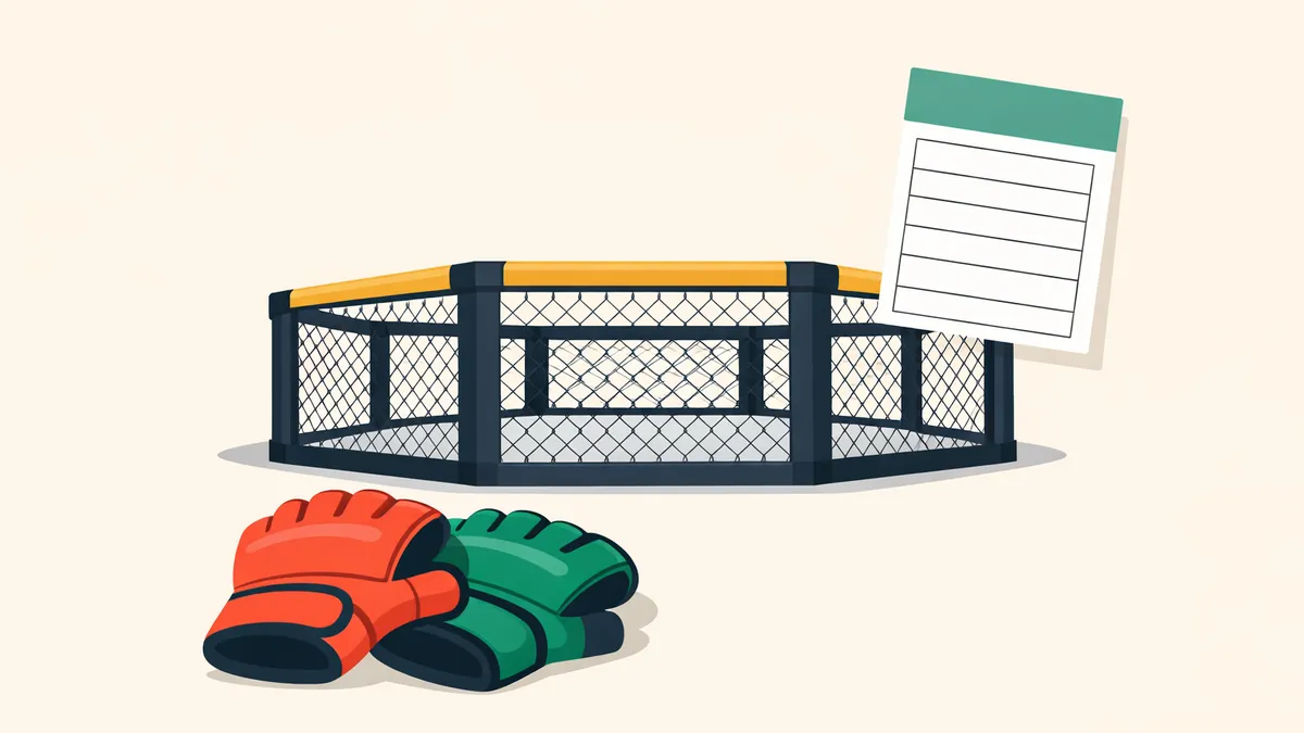 Empty eight sided fighting cage with MMA gloves and a bet slip, illustrating our UFC betting guide