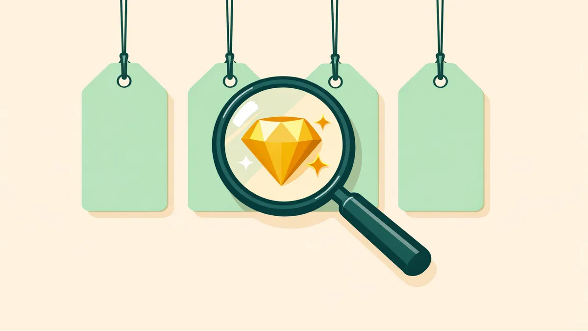 Magnifying glass revealing a gold gem behind one of several price tags, explaining value betting
