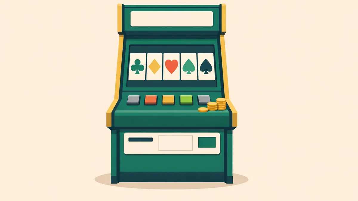 Video poker machine showing five cards above a row of hold buttons, illustrating our video poker guide