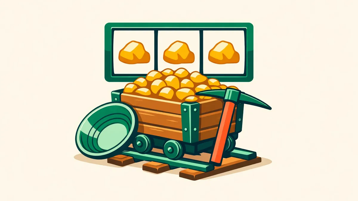 Mine cart of gold nuggets with a pan and pickaxe before gold pokie reels, illustrating Where's the Gold